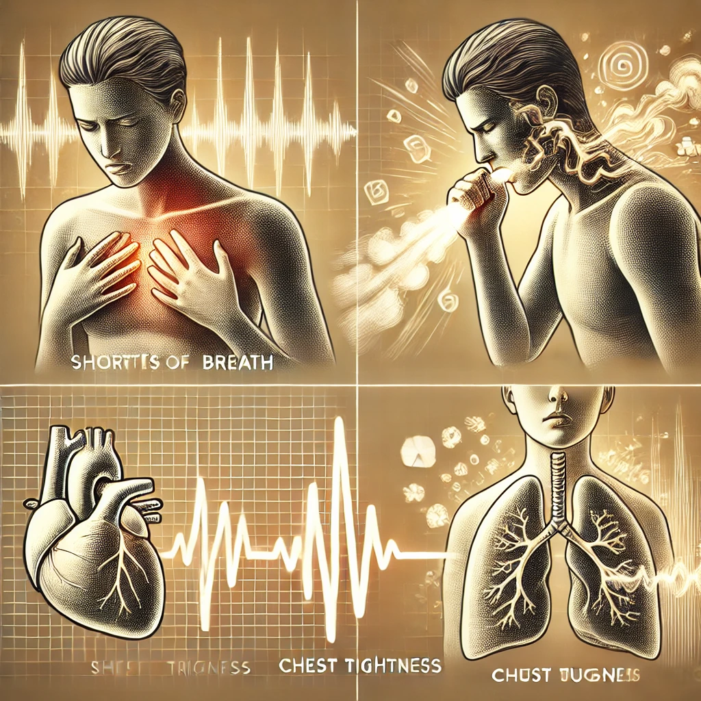 Here is the image that visually represents the symptoms of an asthma attack, including shortness of breath, wheezing, chest tightness, and coughing, in a high-risk environment.